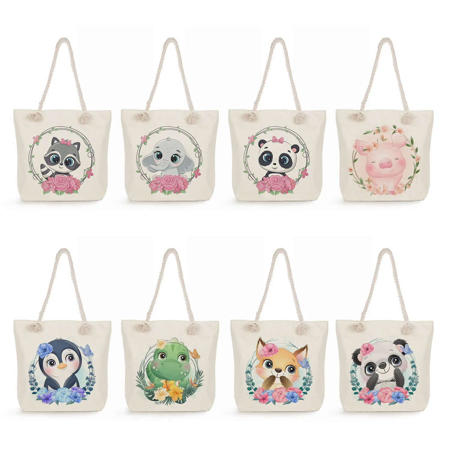 

Повседневные Экологичные многоразовые сумки для покупок с цветочным принтом панды енота, женские пляжные сумки на плечо, милые Мультяшные дизайнерские сумки-тоуты с животными