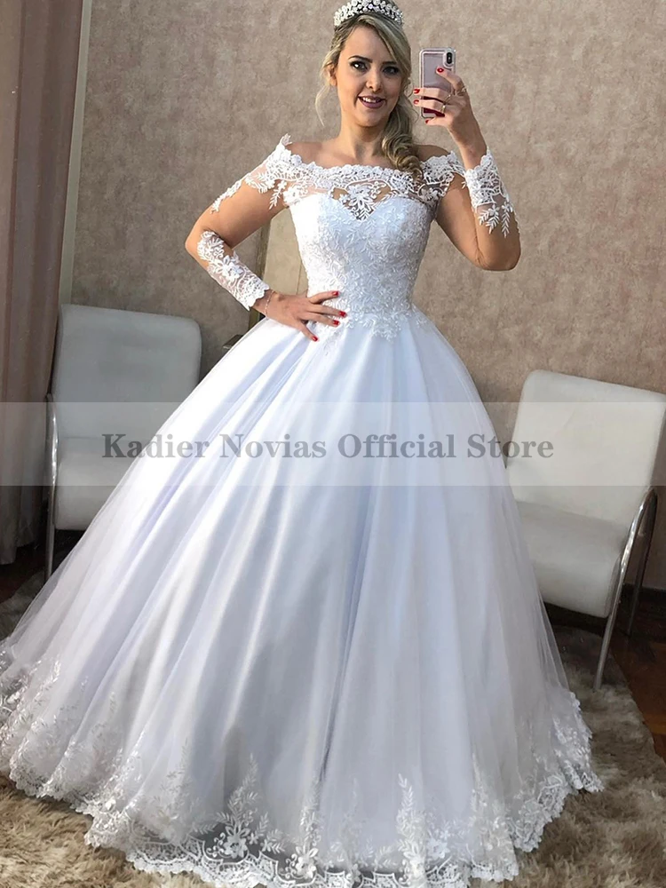 

Бальное платье с длинным рукавом, белое свадебное платье принцессы для женщин, кружевное платье с аппликацией, свадебное платье, женское пл...