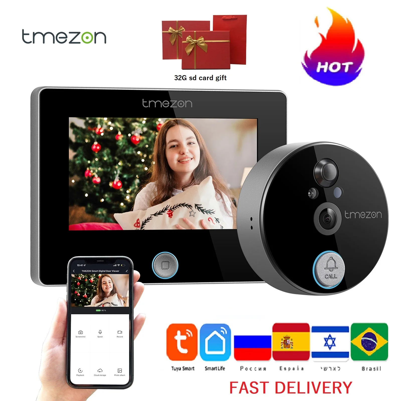 TMEZON Приложение Tuya, умный домашний глазок, дверной звонок, камера, Wi-Fi, 4,3 дюйма, видео дверной звонок, домофон с камерой 720 P/140 °, ночной PIR