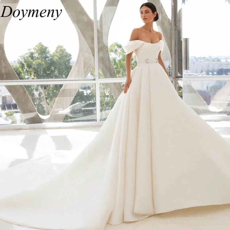 

Doymeny Bridal Wedding Dress Sweetheart Sweep Train Satin Off The Shoulder Backless Zipper Draped Belt Simple Robe De Mariée