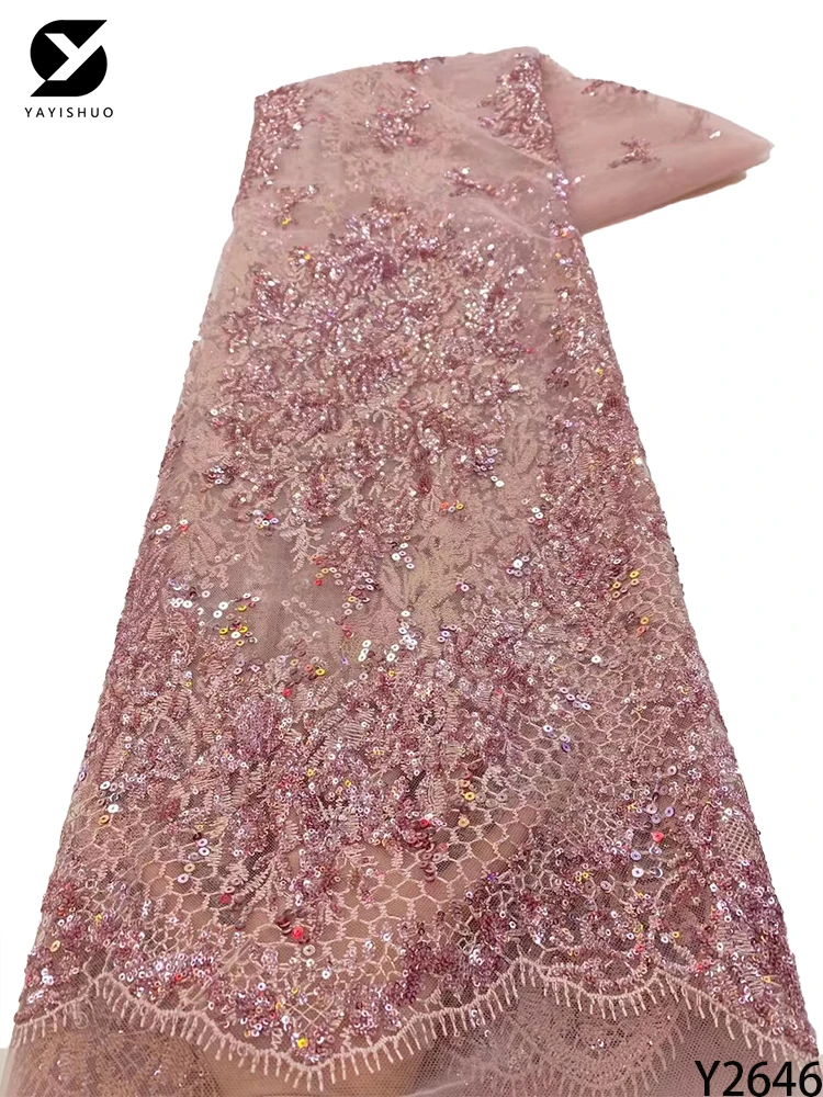 

YYS 2022 Latest Pink African Sequence Lace Fabric Luxurious Fashion Beaded Nigerian Lace Fabrics For Wedding Dress Y2646