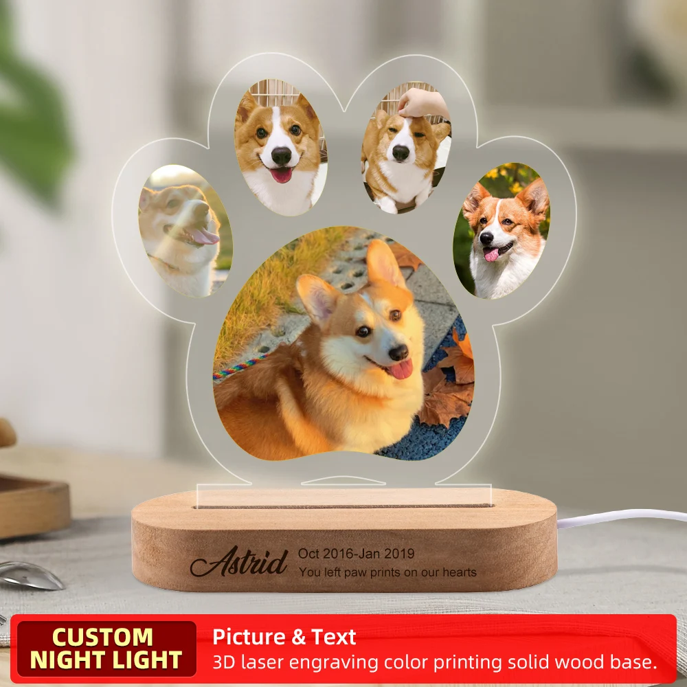 

Custom Personalized Night Lamp Gift with Photo Text Pet Memorial Light Pet Lover Gift Unique Night Light Gifts Wood Base For Dog