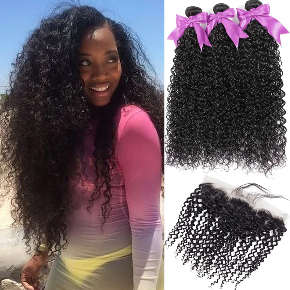 

12A Mongolian Kinky Curly Bundles With Frontal 13x4 Wholesale 3/4 Bundles Raw Human Hair Bundle With Closure JerryCheveux Humain