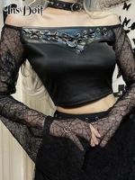 insdoit black gothic womens t shirt streetwear spider web sexy see through long sleeve crop top bandage pu patchwork punk tops