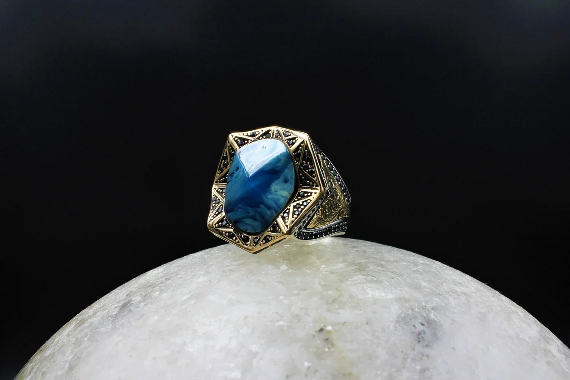 

Премиальное качество, турецкое вогнутое полигональное овальное синее каталиновое кольцо серии Султан, винтажное серебряное кольцо унисекс