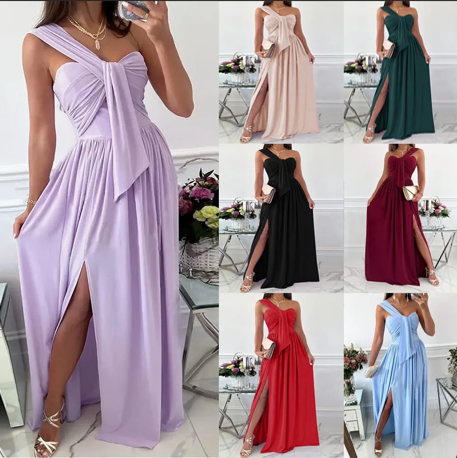 

Summer High Slit Cutout Maxi Party Dress Elegant One Shoulder Solid Color Dress Asymmetric Women Long Wedding Evening Sexy Robes