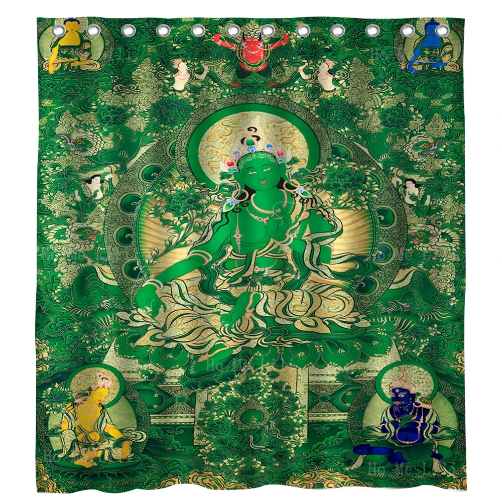 

Green Tara Sitting On The Lotus Moon Wheel Buddhism Thangka Art Shower Curtain By Ho Me Lili For Bathroom Decor
