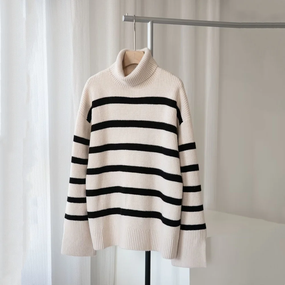 

Новинка осени 2022, женская одежда PB & ZA, подходящий ко всему Полосатый пуловер с высоким разрезом, вязаный свитер 9667103