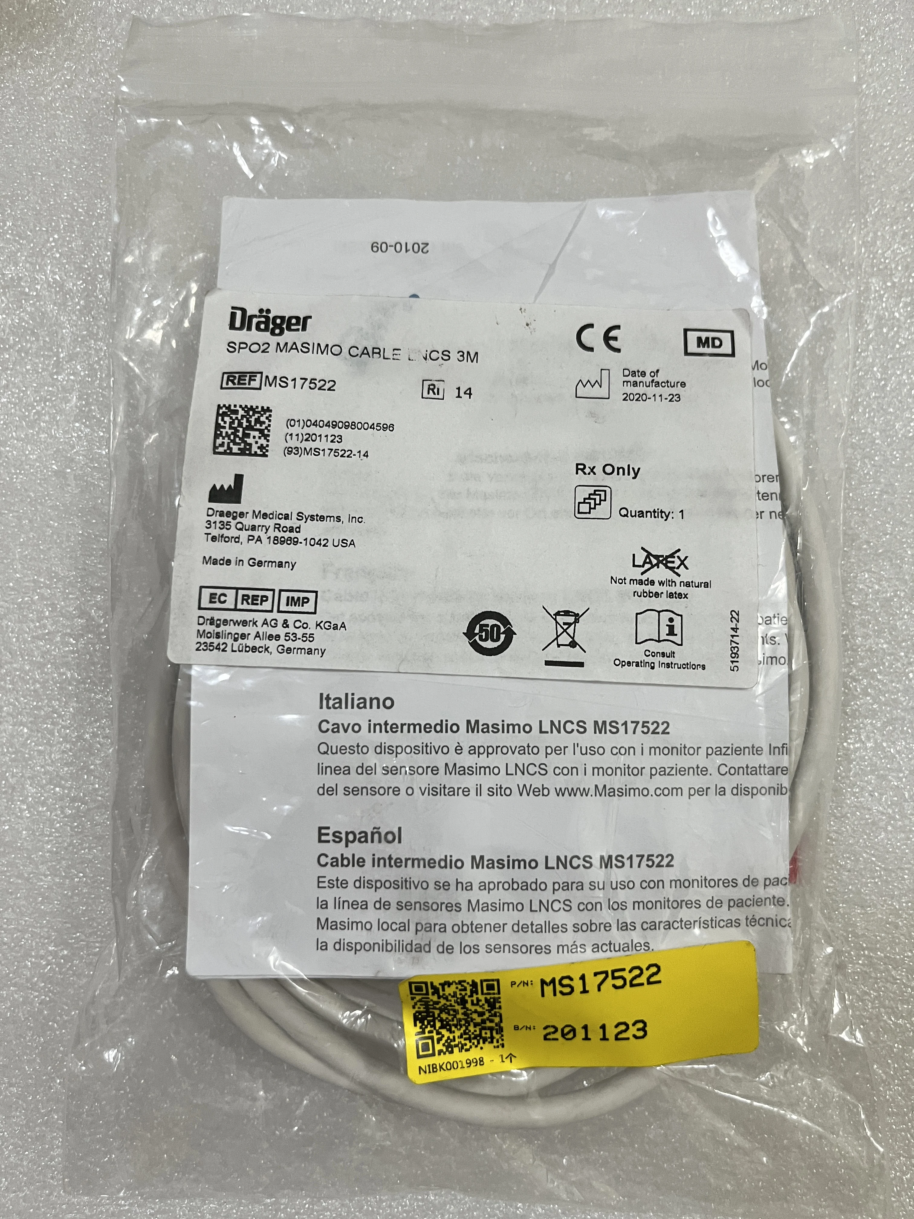 

MS17522 Draeger Inc. 9.8 FT MASIMO LNCS SPO2 INTERMEDIATE CABLE (New,Original)