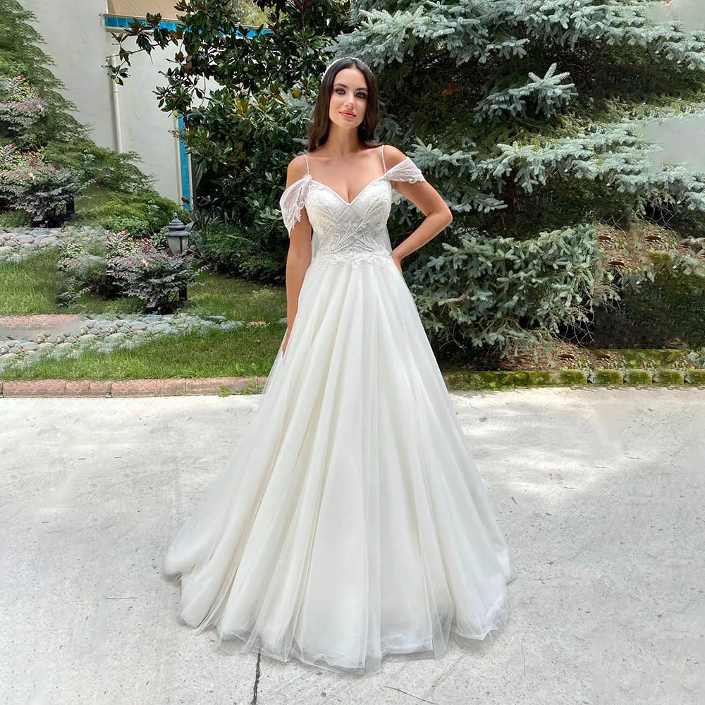 

Simple Lace Appliqués V-Neck Corset Tulle Straps Open Back Floor Long Dress Wedding Dress Factory Custom Vestidos De Novia