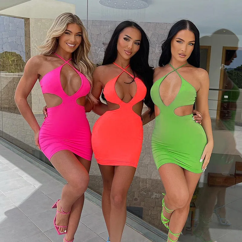 

Hot Sexy Wholesale 2022 Summer New Women's Slim Solid Color Casual Hollow Sleeveless Halter Strap Short Dress