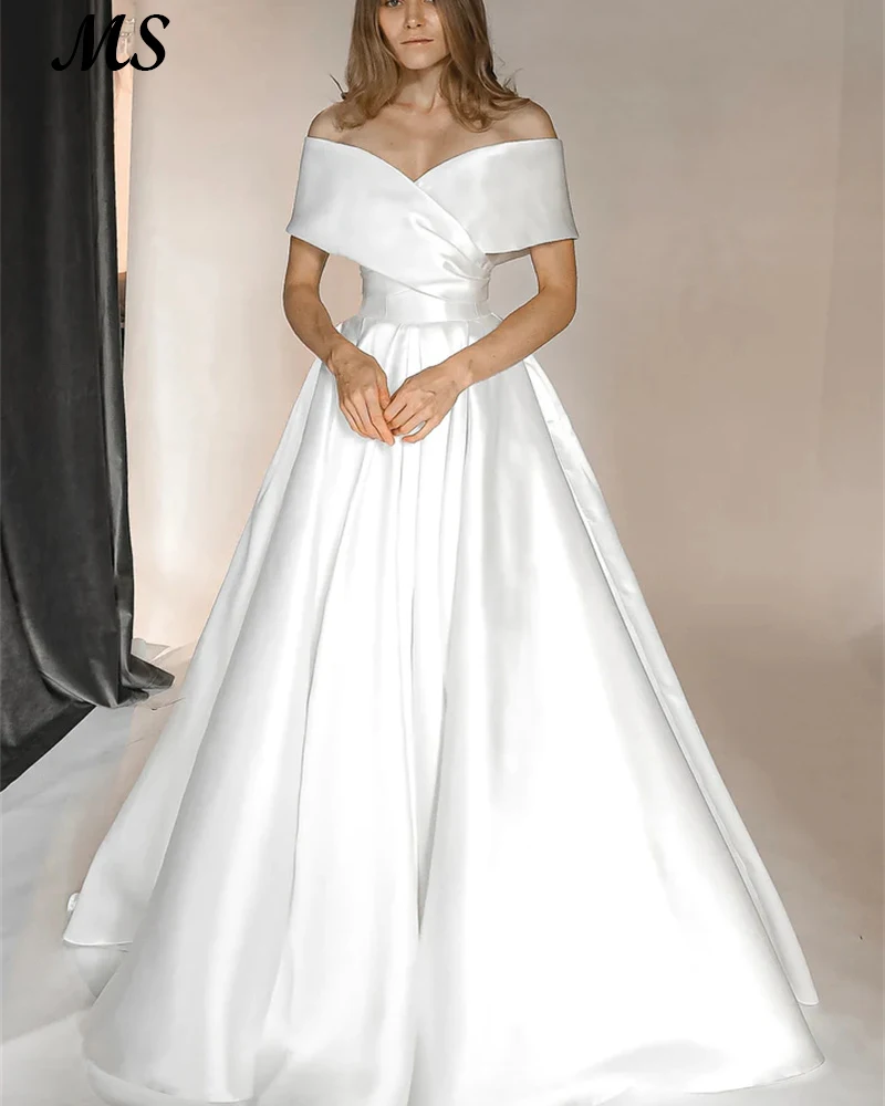 

MS Soft Satin Wedding Gowns Off The Shoulder Lace Up Formal Bride Party Gowns Robe De Mariee For Women Custom Made Plus Size