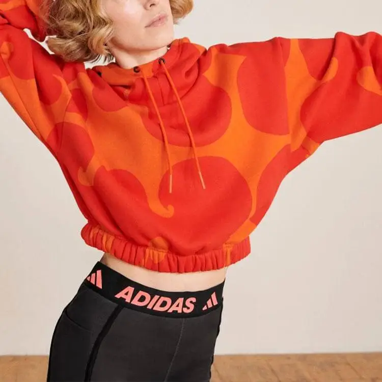 Женская толстовка с капюшоном Adidas X Marimekko рисунком и завязками Оранжевая HJ7306