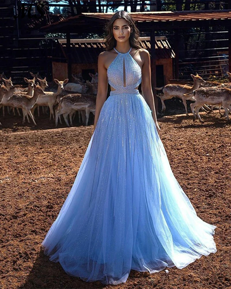 

MS A Line Sexy Evening Dress Halter With Beading Sleeveless Floor Length Long Prom Gown Saudi Arabia Backless Party Gowns Women