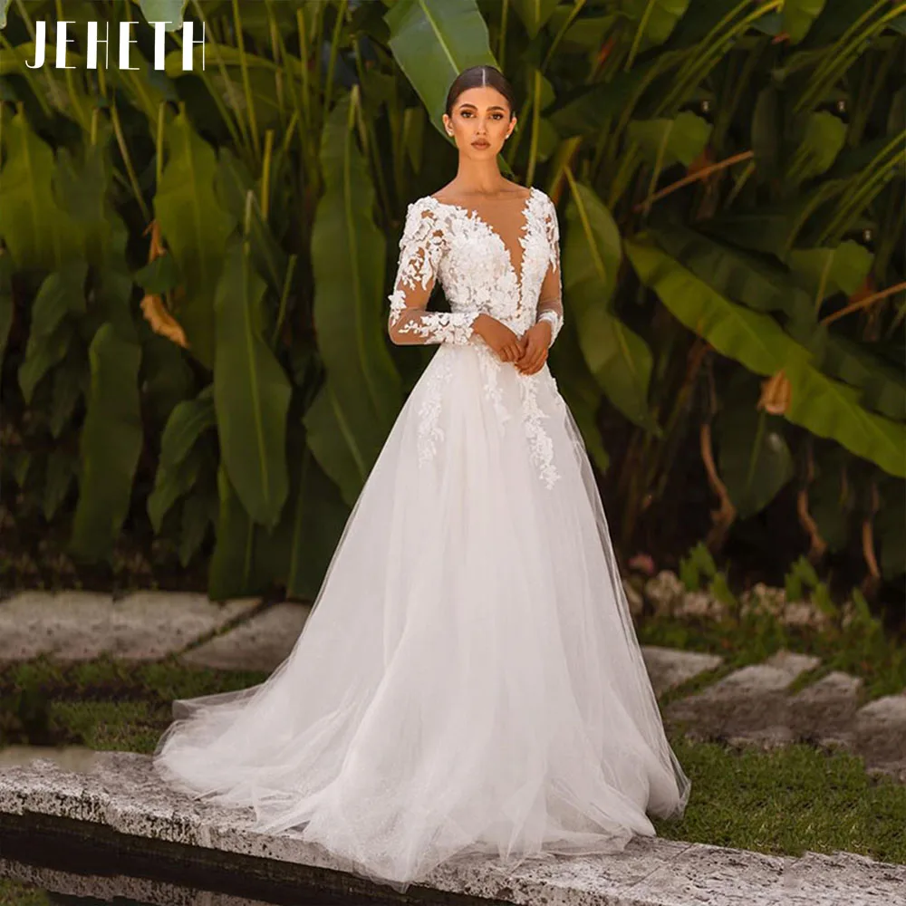 

JEHETH Vintage Long Sleeves O-Neck Tulle Bohemian Wedding Dress Women Illusion Back A Line Side Split Bride Gown Sweep Train