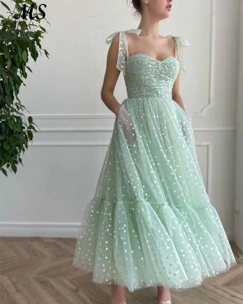 

MS Mint Green Tulle Prom Gowns Bow Strap Heart Print Sweetheart Fairy Evening Dress For Gradution Vestido De Festa Plus Size