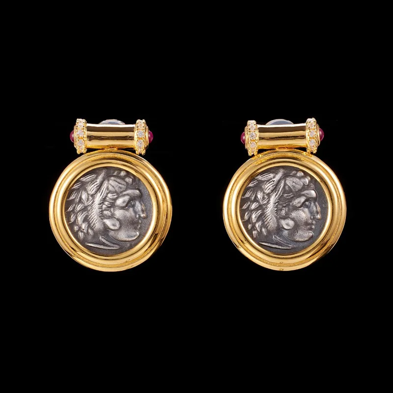 Sterling Silver Ancient Byzantine Lira Silver Coin Replica Studs Roman Emperor Flip Medallion Earrings C11E4S26074