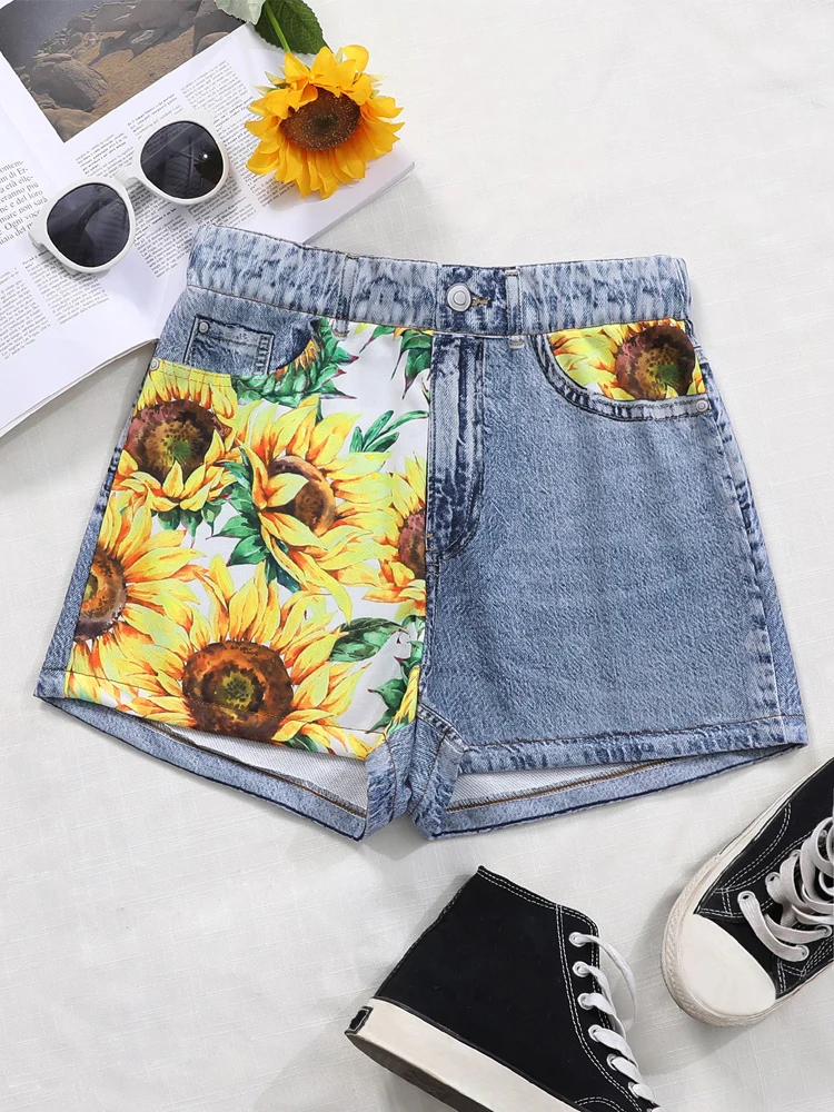Cherry Invasion Fashion Sunflower Print Ripped Mid Waisted Rolled Denim Vintage Hole Summer Casual Women Jeans Hotpants Short