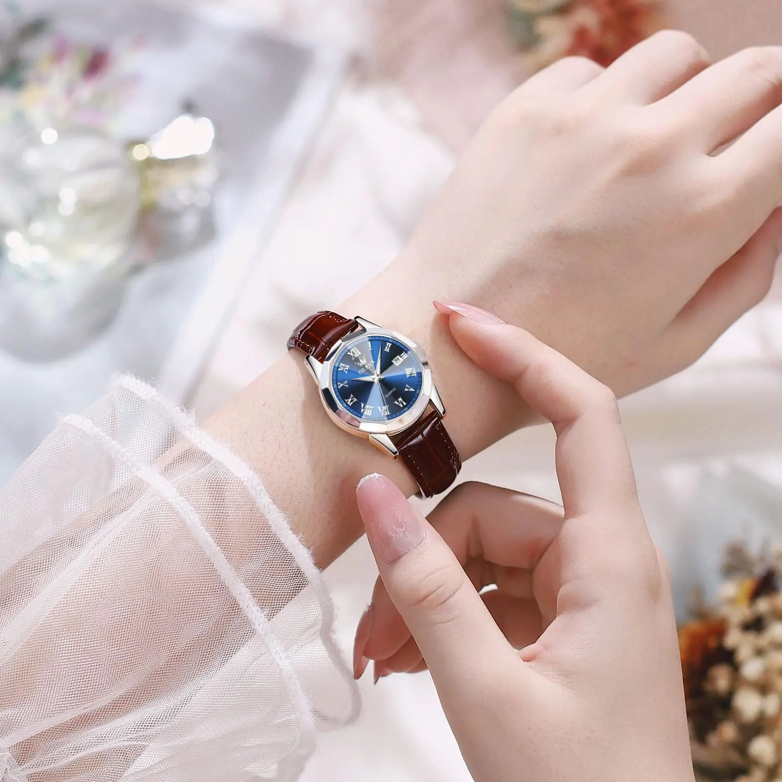 Женские часы OLEVS Водонепроницаемые Наручные с кожаным ремешком Милые Дата