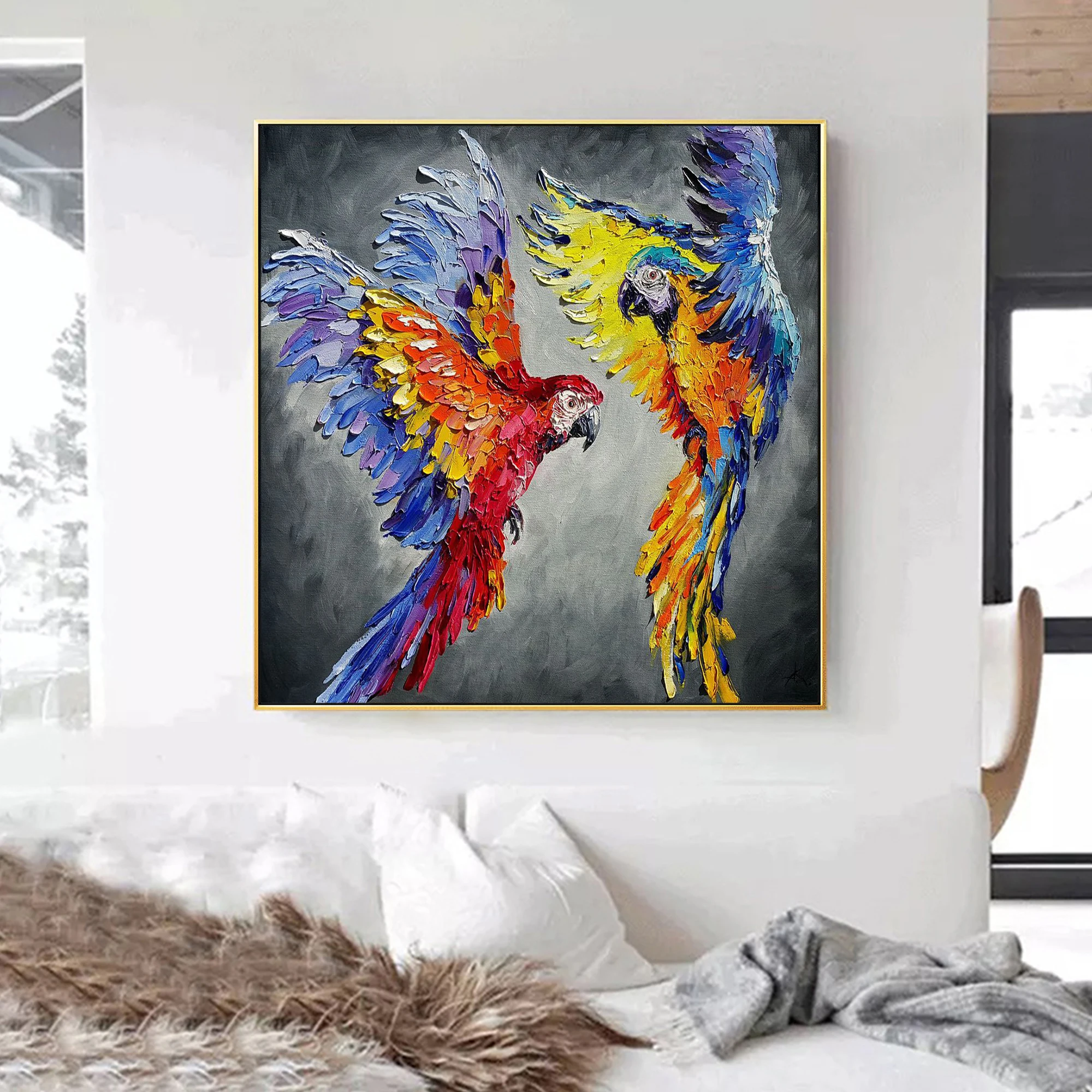 Красочный Попугай акриловая животная живопись на холсте большая настенная