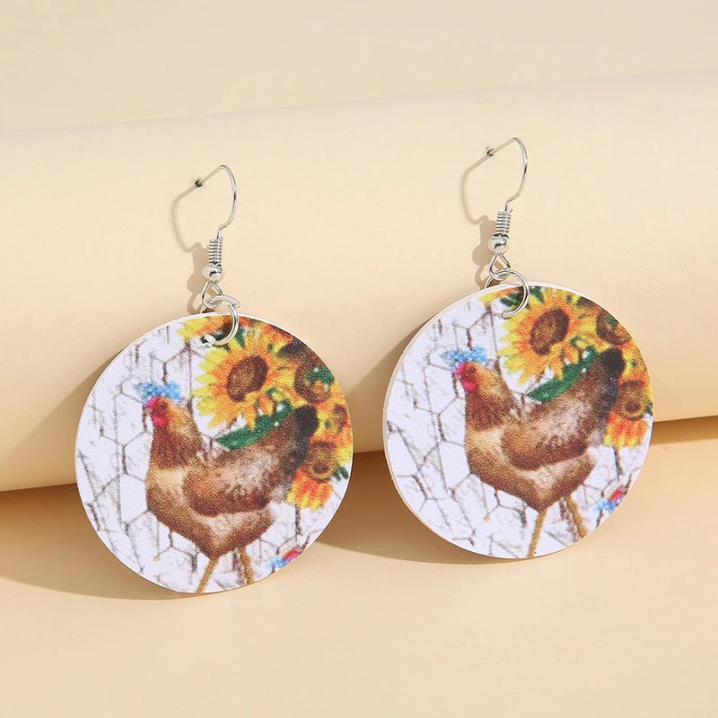 

Trend Round Reversible Hen Sunflower Leather Earrings For Women Female Wedding Pendant Earring Fashion Jewelry Gift Pendientes