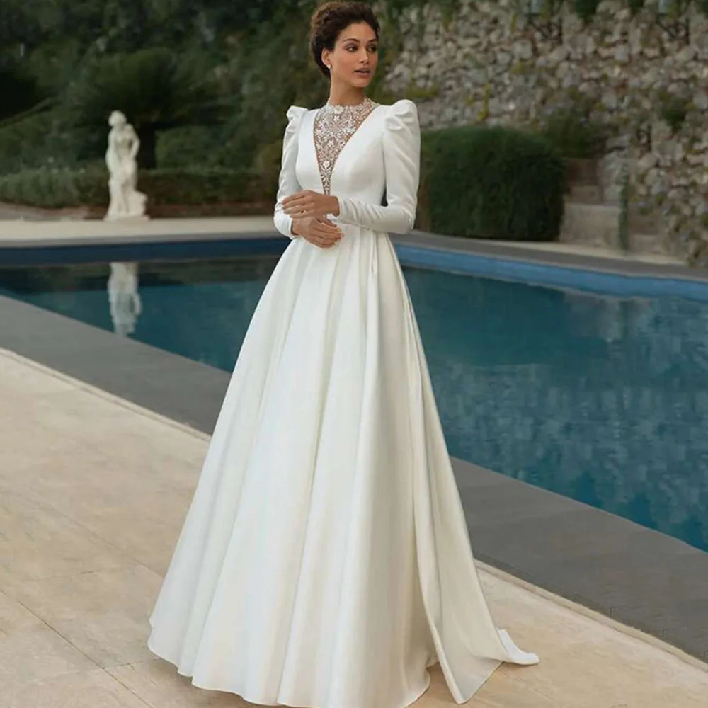 

Vintage Muslim Wedding Dresses Satin Sexy High Neck A-Line Bridal Dresses Lace Applique Button Wedding Gowns New Arrival платье