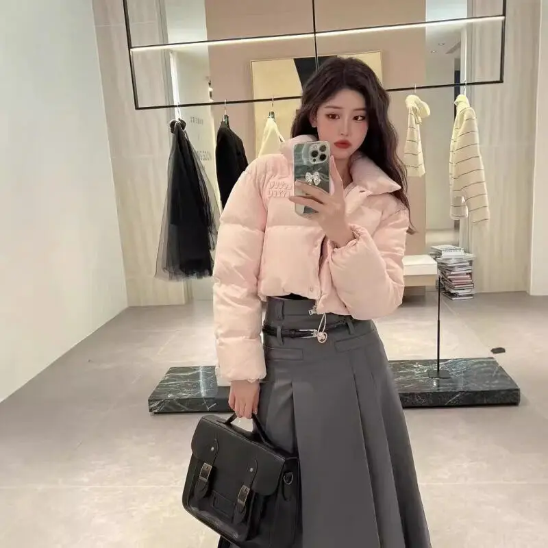 Copy 1: 1 MiuMiu 24ss Новый розовый воротник Короткий пуховик Модный многофункциональный