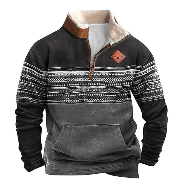 

Men's 1/4 Zip Henley Collar Fleece Vintage Western Sweatshirt Top