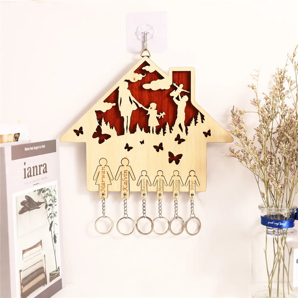 

Custom Wooden Keychain Pendant Storage Decorative Plaque Laser Engraving Family Names/Text/Number Key Ring for Door Wall Hanging