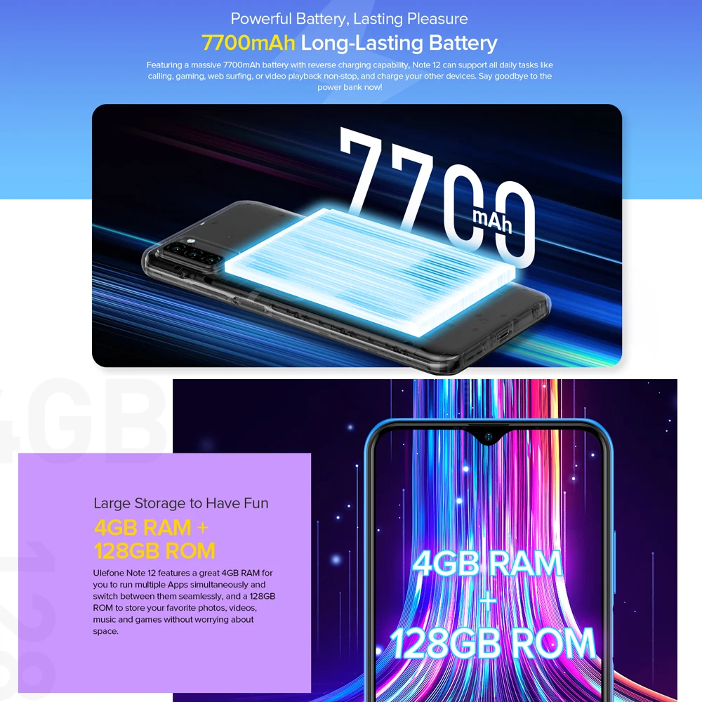 Ulefone 7700mAh Note 12 Smartphone 4GB+128GB 6.82" Celular Phone 13MP Camera Quad Core Android 11 GPS 3-Card Slot |