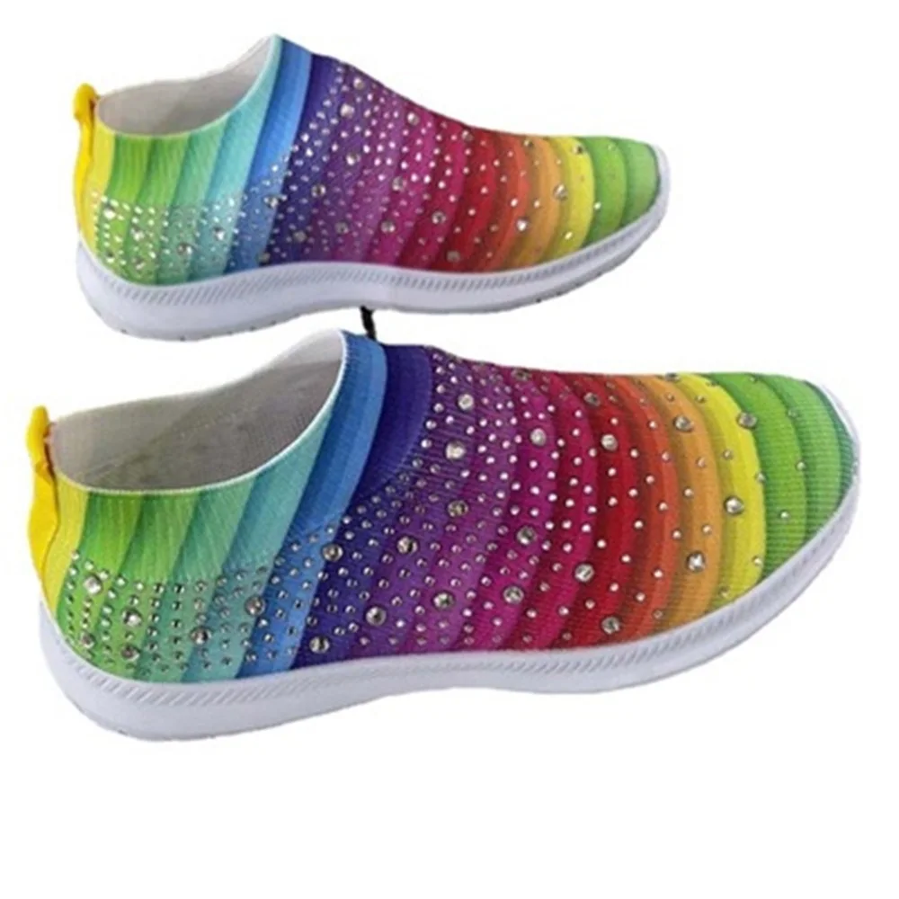 2023 Rainbow Color Ladies Sneakers Breathable Women's Rhinestone Sneakers Slip On Comfy Running Walking Casual Flats Loafers