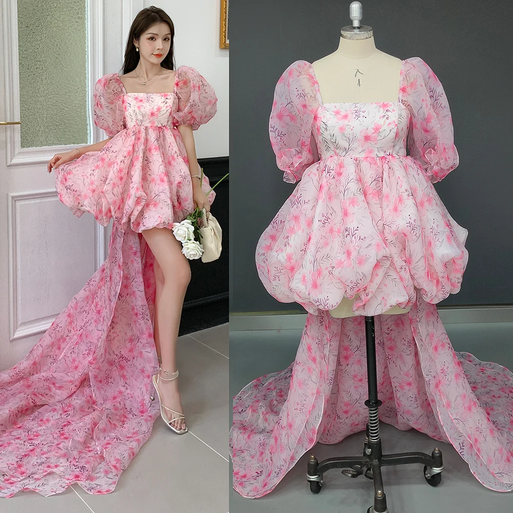 Barbara Floral Printed Puff Organza Renaissance Fairytale Dress Sheer Bandeau Sleeve Mini Square Neck Detachable Train Prom Gown