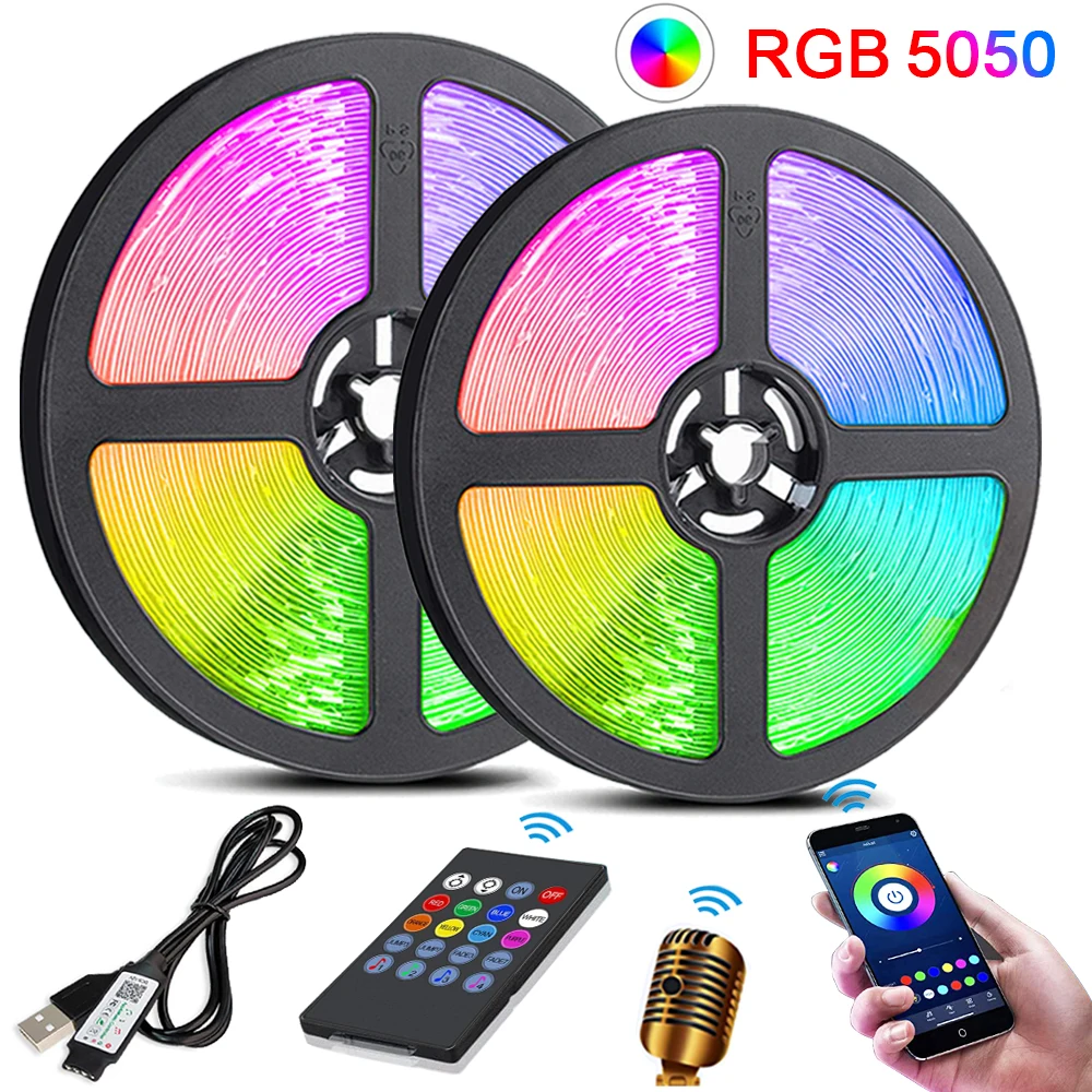 

Светильник ная лента RGB 5050 с музыкальной синхронизацией, гибкая светодиодная лента с Управлением по Bluetooth для украшения комнаты, вечевечерние, подсветки телевизора