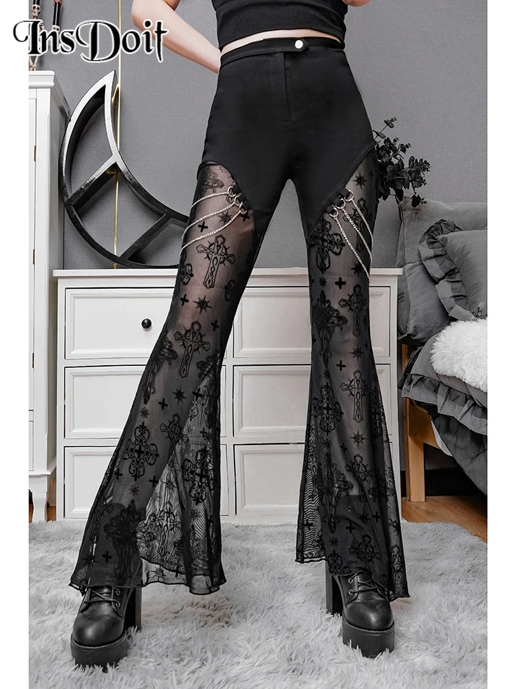 

InsDoit Punk Grunge Black Summer Pants Women Gothic Clothes Lolita See Through Sexy Flare Pants 2022 Streetwear Fashion Trousers