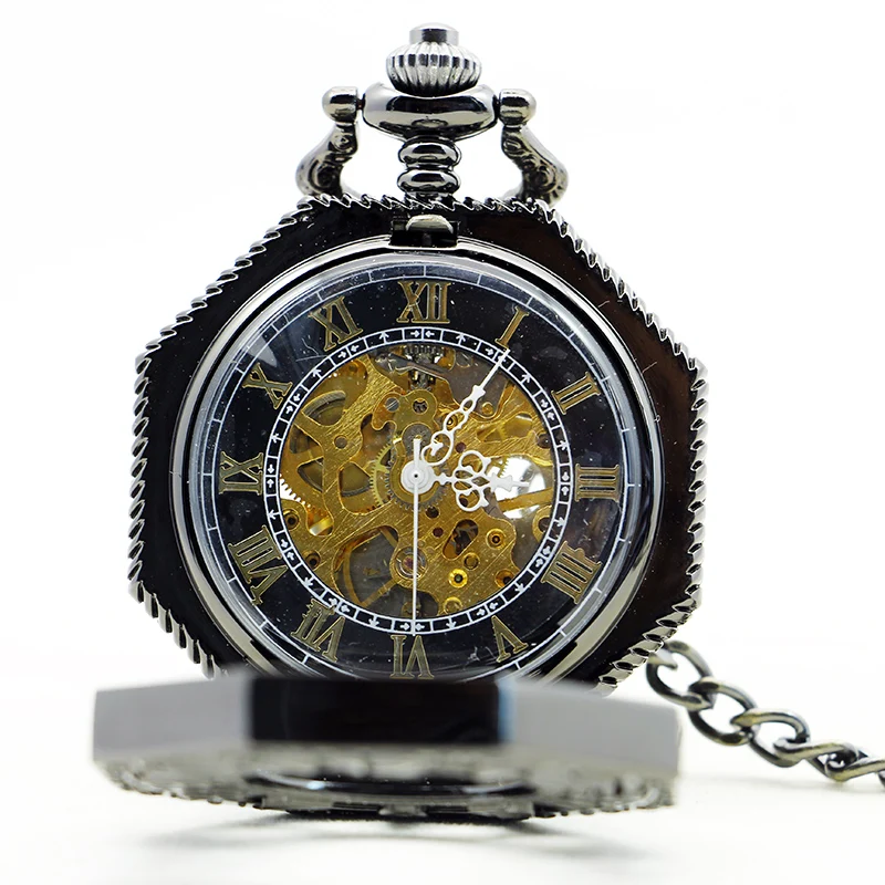 Hexagonal Mechanical Pocket Watch Black Hollow Fob Chain Men and Women Lady Watches Mens Vintage Gifts relojes de bolsillo