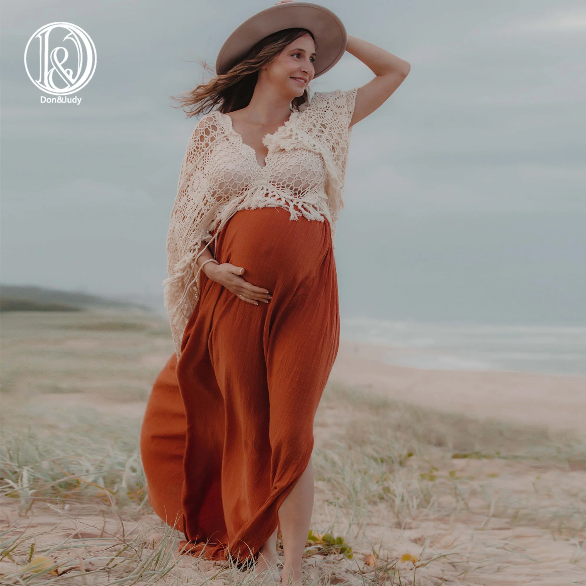 Don&Judy Boho Maternity Gown Photography Accessories Long Dress Pregnancy Woman for Baby Shower Photo Shoot Props  Cotton Robe