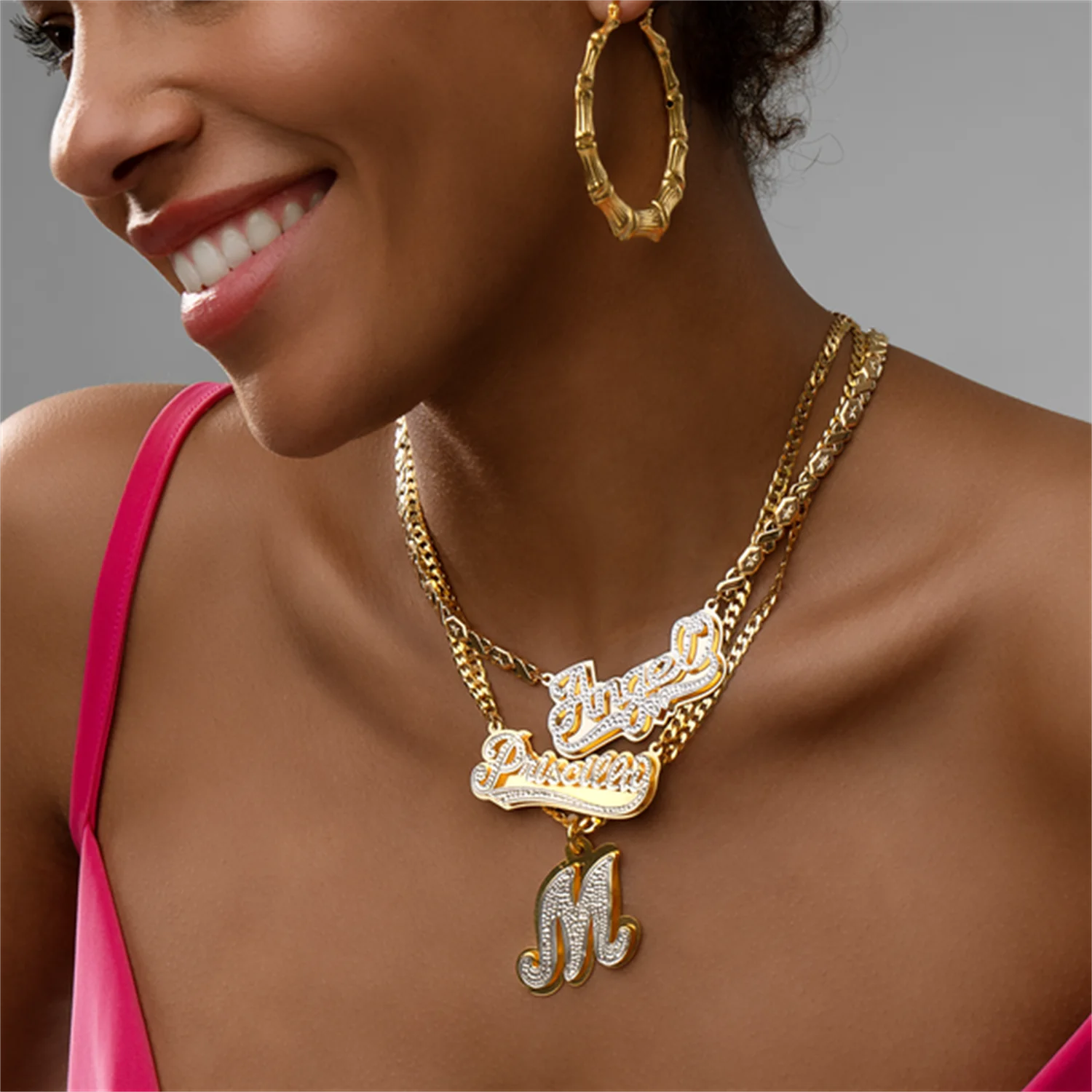 

DOUBLE PLATED VARSITY NAME NECKLACE Personalized 3D Nameplate 18K Gold Plated Pendant Custom Two Tone Jewelry Gift For Female