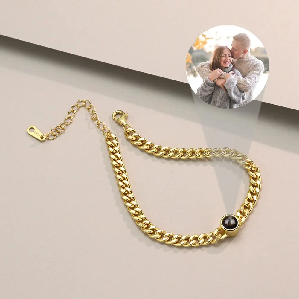 925 Sterling Silver Personalized Chain Custom Projection Photo Bracelet for Women Men Couple Classic Punk Jewelry Birthday Gift