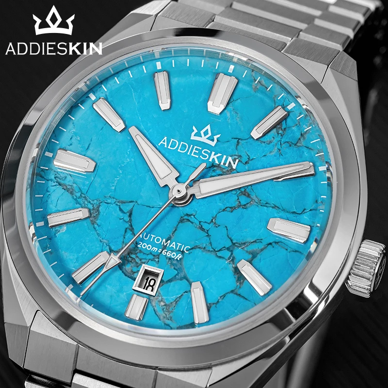 Фото ADDIESKIN K010 Мужские автоматические часы с бирюзовым циферблатом, светящиеся в темноте BGW9, водонепроницаемые до 200 м, с сапфировым стеклом, из нержавеющей стали, механические №2