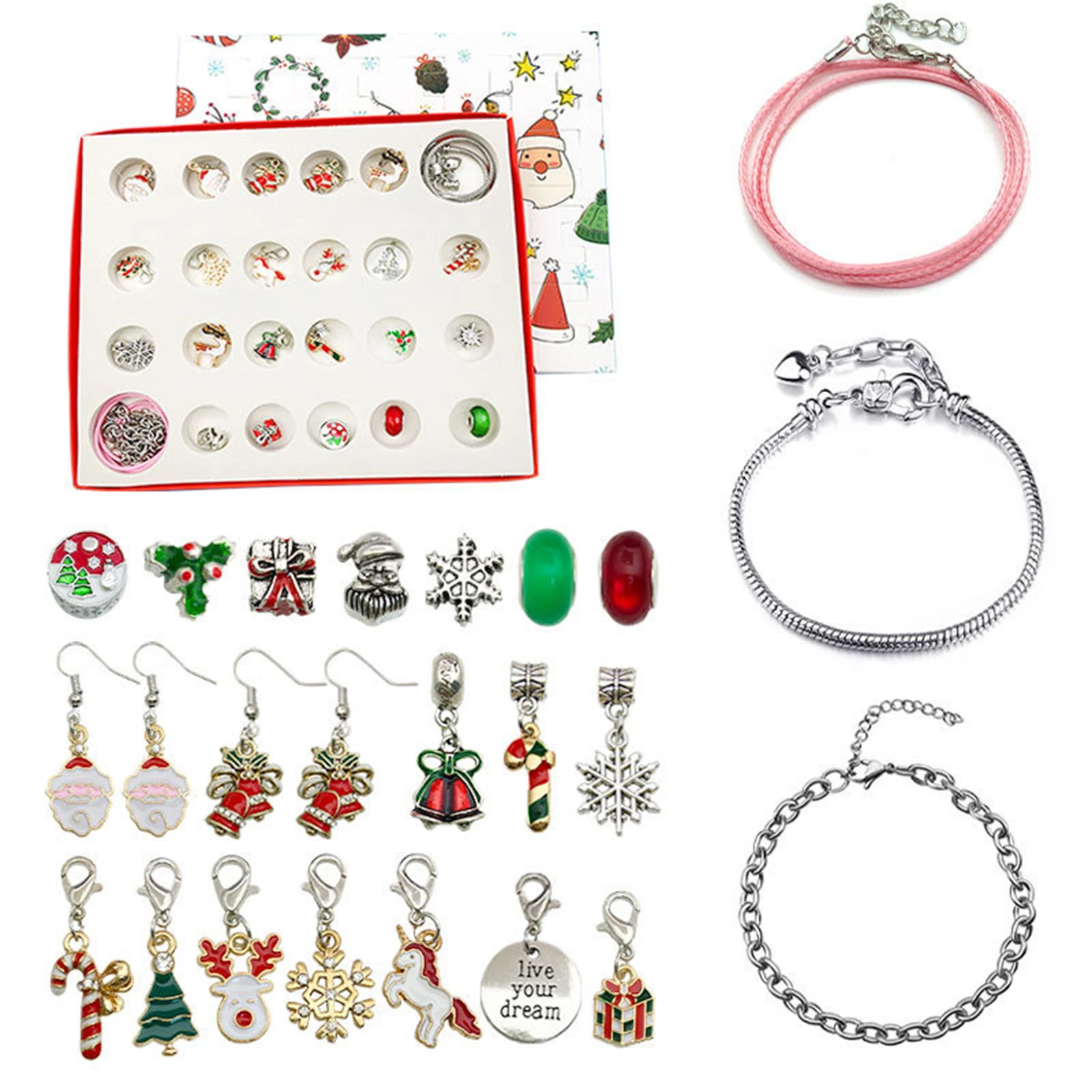

24 Days Countdown Calendar Advent Surprise Gifts Set Christmas Charms Bracelet Set DIY Creative Ornaments Christmas Girls Gifts