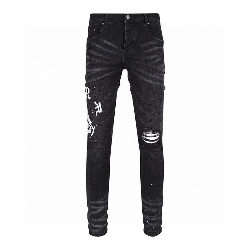 

Men logo-print distressed straight-leg Skinny Stretch denim biker jeans distressed Coated Ripped Pant Damaged Destroyed Trousers