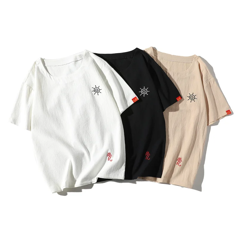 

Свободная летняя футболка MOYI большого размера из хлопка и льна с вышивкой в японском стиле HT20251 с белым фоном, 20212