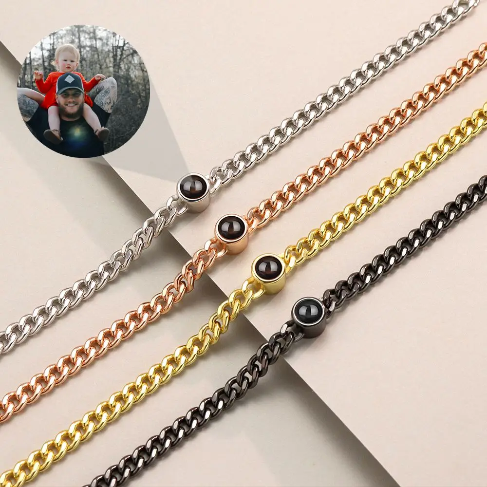 925 Sterling Silver Personalized Chain Custom Projection Photo Bracelet for Women Men Couple Classic Punk Jewelry Birthday Gift