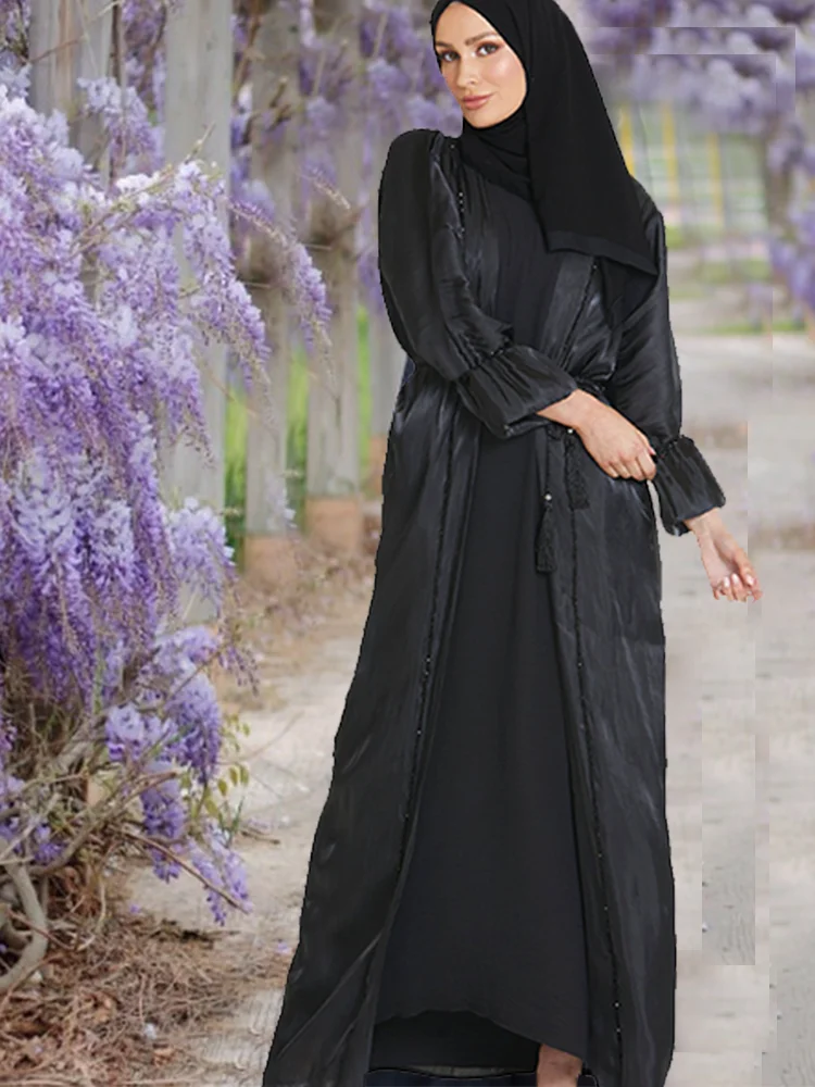 Abaya Muslim Woman Open Cardigan Set Luxury Turkey Dubai Abaya Femme Musulman Moroccan Kaftan Blooming Cuff Islamic Prayer Dress