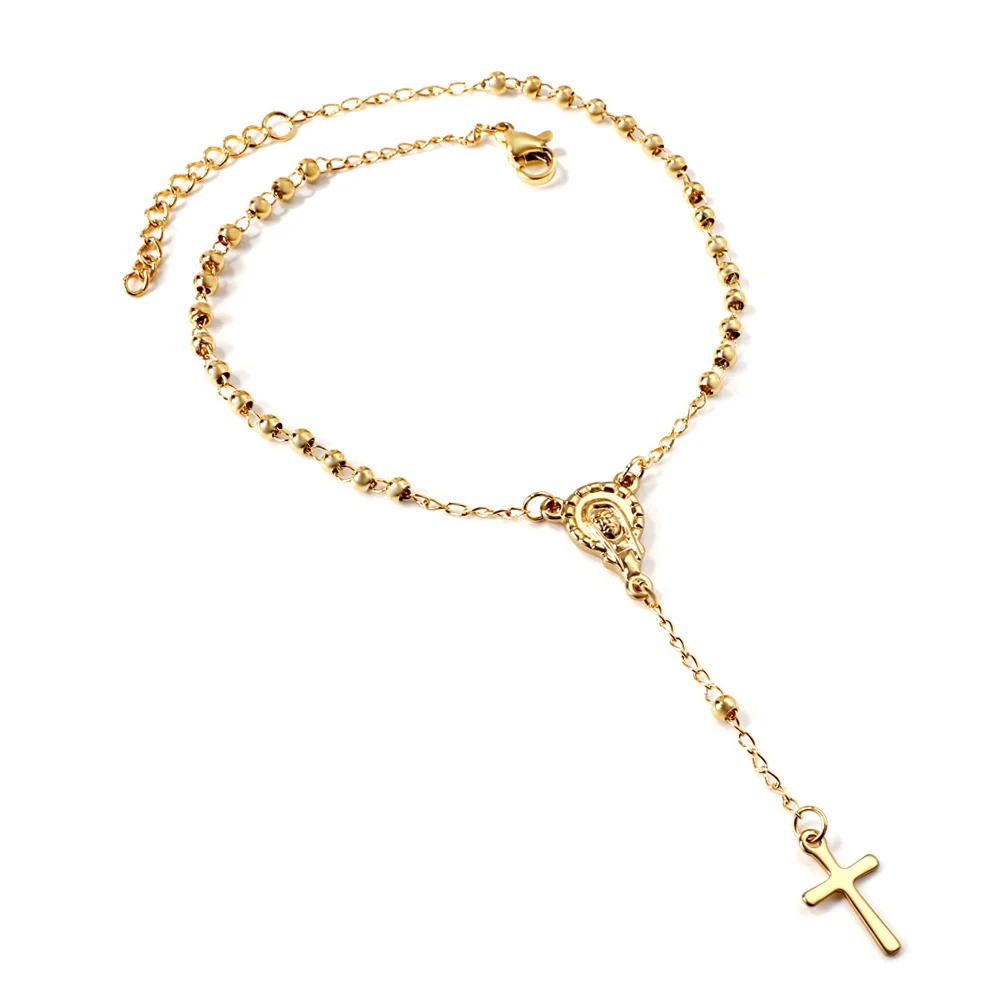 

Fashion Cross Bracelet Stainless Steel For Women Men Gold Color Virgin Mary Religious Prayer Bead Link Chain On Hand Jewelry