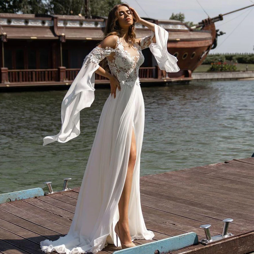 

Bohemian Chiffon Wedding Dresses Flare Sleeves Scoop Backless Lace Appliques High Split Bridal Gowns Backless Vestido De Novia