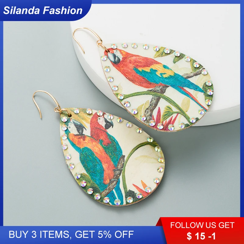 

Silanda Fashion Summer Rainforest Boho Drop Earrings Rhinestone Printed PU Leather Eardrops Girl's Party Gift Long Ear Pendants
