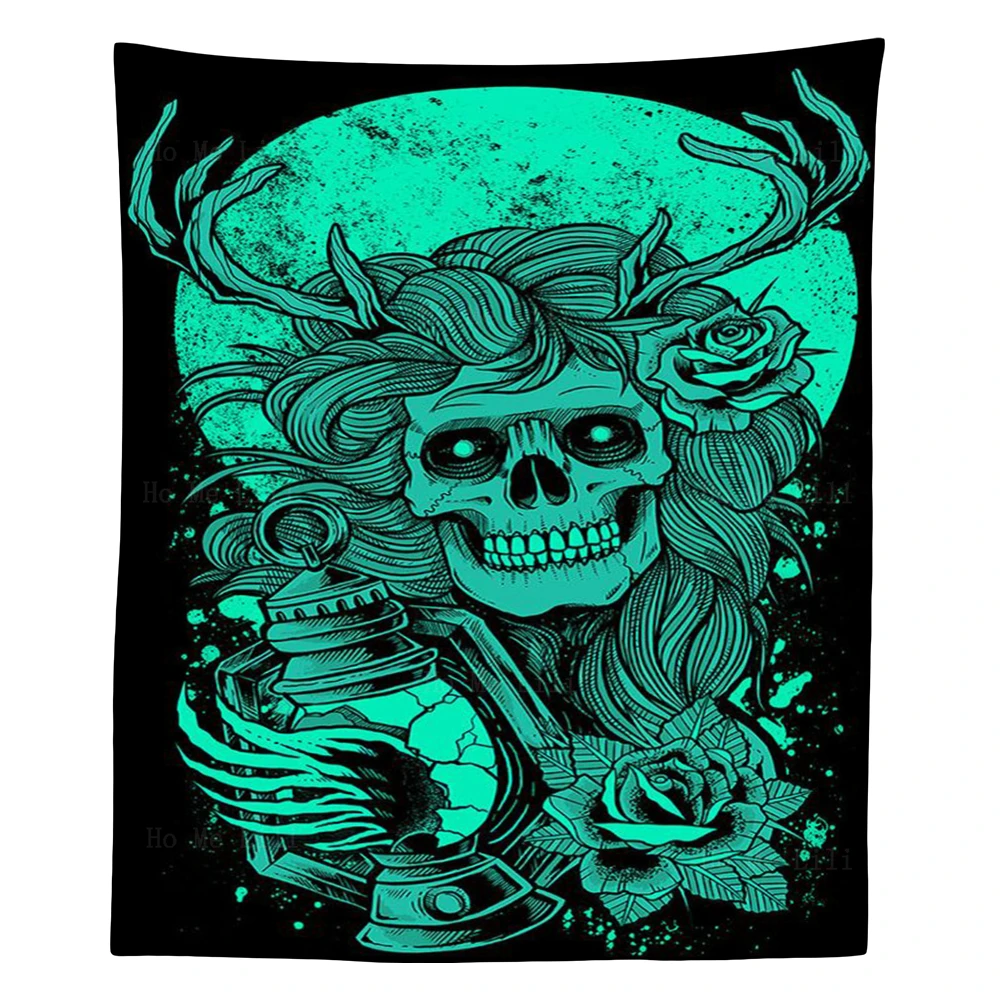 

Scary Demon With Horns Skeleton Art Day Of The Dead Floral Sugar Skulls Cat Tapestry By Ho Me Lili For Home Wall Decor