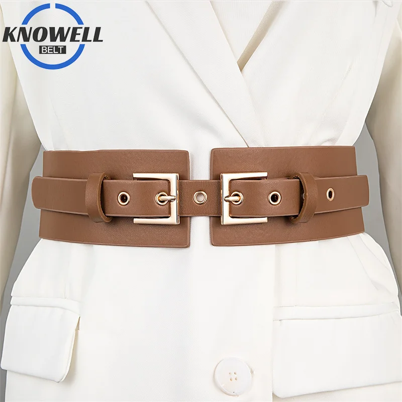 

Brown Y2K Pu Decorative Corset For Women Luxury Designer Band Leather Double Buckle Pin Wide Belt For Dress Coats Waistband 2022