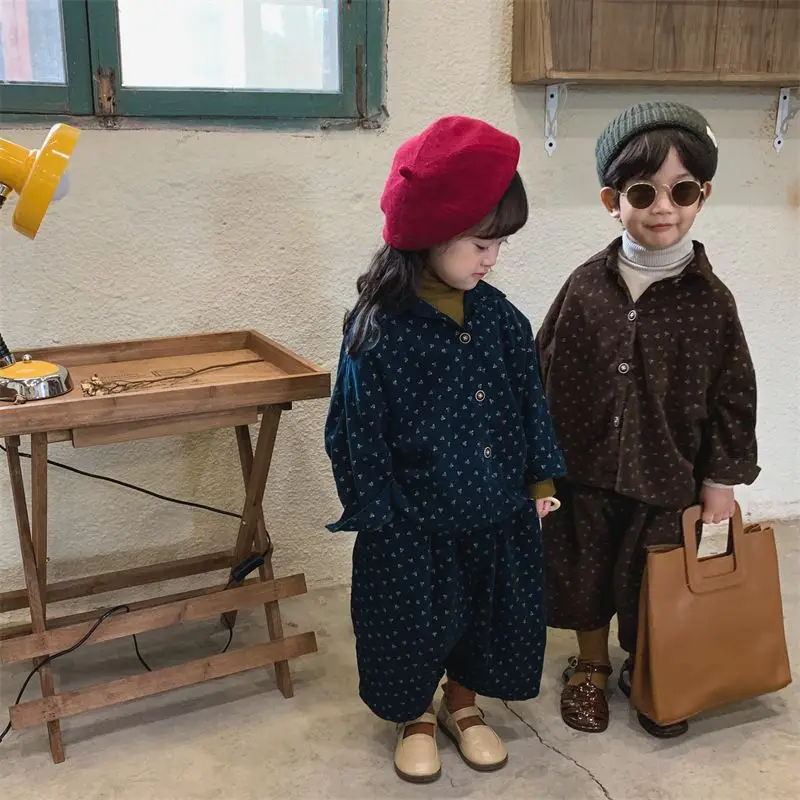 

Fall Spring Girls Suit Corduroy 2Pcs Set Boy Kids Shirts Coats+Pants Baby Children's Clothing Floral Brown Blue Children Clothes